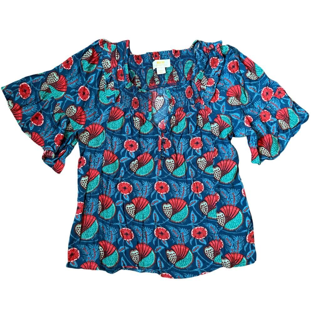 Anthropologie Maeve Letita Smocked Blouse BLue Floral Ruffle Relaxed Sz XS